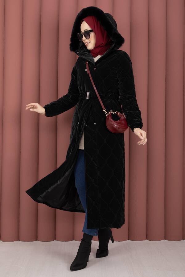 Oc - Luxe Kemerli Kürk Kapüşonlu Nova Kaban Siyah