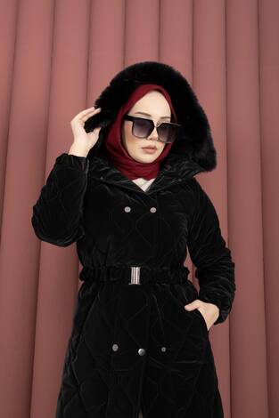 Luxe Kemerli Kürk Kapüşonlu Nova Kaban Siyah - Thumbnail