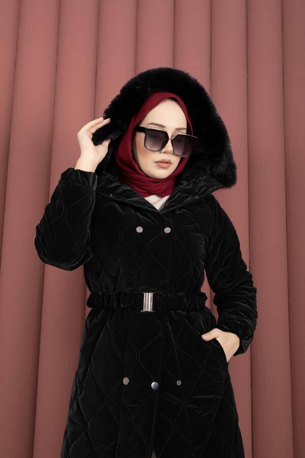 Oc - Luxe Kemerli Kürk Kapüşonlu Nova Kaban Siyah (1)