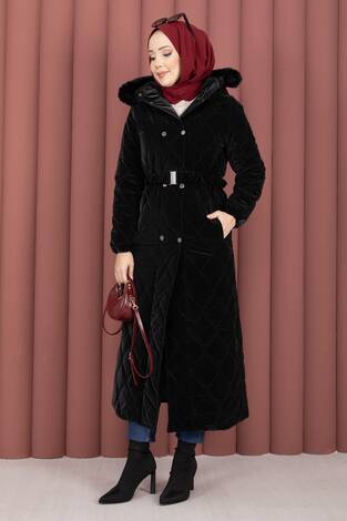 Luxe Kemerli Kürk Kapüşonlu Nova Kaban Siyah - Thumbnail