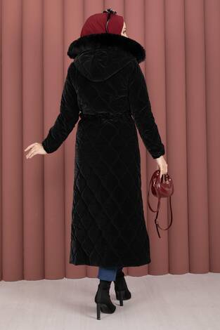 Luxe Kemerli Kürk Kapüşonlu Nova Kaban Siyah - Thumbnail