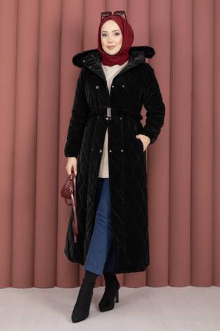Luxe Kemerli Kürk Kapüşonlu Nova Kaban Siyah - Thumbnail