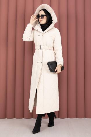 Luxe Kemerli Kürk Kapüşonlu Nova Kaban Taş - Thumbnail