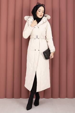 Luxe Kemerli Kürk Kapüşonlu Nova Kaban Taş - Thumbnail