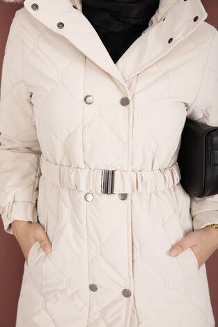 Luxe Kemerli Kürk Kapüşonlu Nova Kaban Taş - Thumbnail