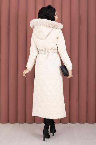 Luxe Kemerli Kürk Kapüşonlu Nova Kaban Taş - Thumbnail