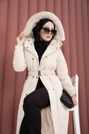 Luxe Kemerli Kürk Kapüşonlu Nova Kaban Taş