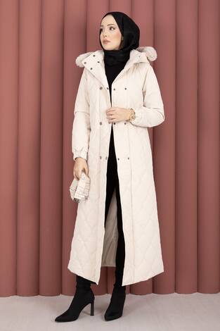 Luxe Kemerli Kürk Kapüşonlu Nova Kaban Taş - Thumbnail