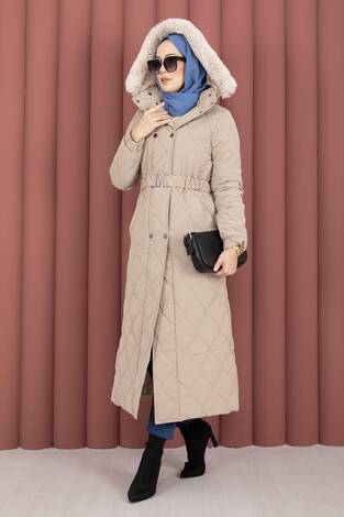 Luxe Kemerli Kürk Kapüşonlu Nova Kaban Vizon - Thumbnail