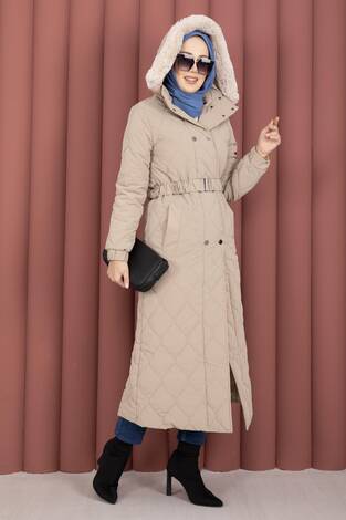 Luxe Kemerli Kürk Kapüşonlu Nova Kaban Vizon - Thumbnail