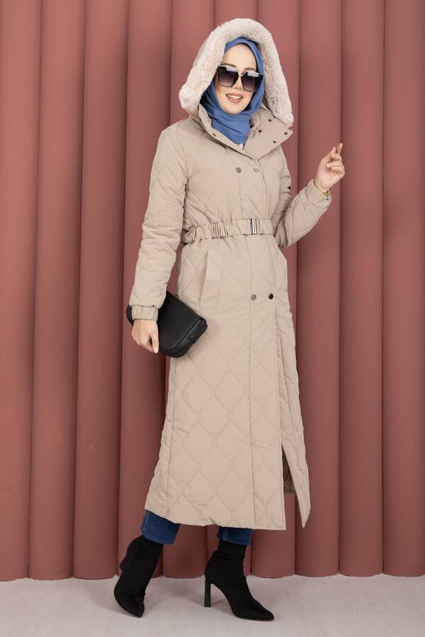 Oc - Luxe Kemerli Kürk Kapüşonlu Nova Kaban Vizon