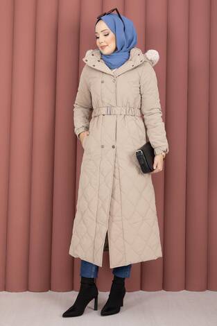 Luxe Kemerli Kürk Kapüşonlu Nova Kaban Vizon - Thumbnail