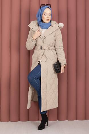 Luxe Kemerli Kürk Kapüşonlu Nova Kaban Vizon - Thumbnail