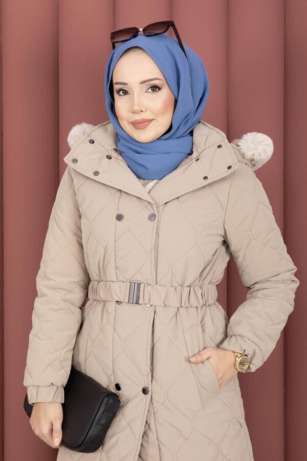 Oc - Luxe Kemerli Kürk Kapüşonlu Nova Kaban Vizon (1)