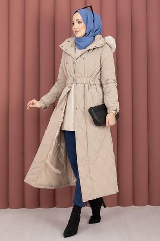 Luxe Kemerli Kürk Kapüşonlu Nova Kaban Vizon - Thumbnail