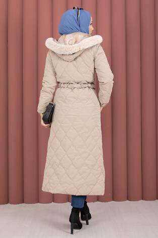 Luxe Kemerli Kürk Kapüşonlu Nova Kaban Vizon - Thumbnail