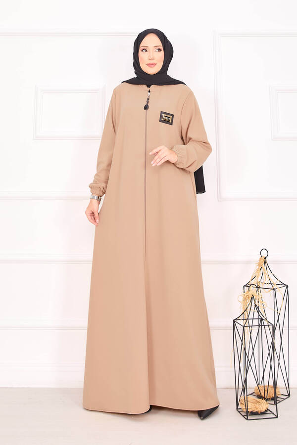 Manşeti Lastikli Cepli Tesettür Ferace Camel - 5