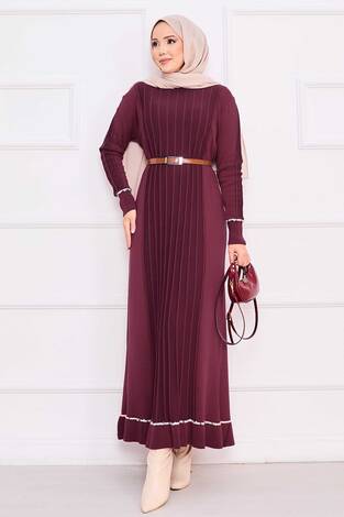 Manşeti Ve Eteği Taş İşlemeli Tesettür Triko Elbise Bordo - Thumbnail