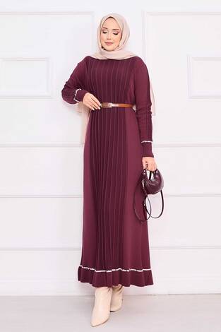 Manşeti Ve Eteği Taş İşlemeli Tesettür Triko Elbise Bordo - Thumbnail