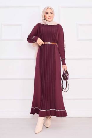 Manşeti Ve Eteği Taş İşlemeli Tesettür Triko Elbise Bordo - Thumbnail