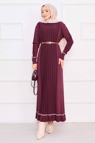 Manşeti Ve Eteği Taş İşlemeli Tesettür Triko Elbise Bordo - Thumbnail