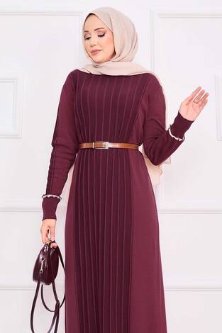 Manşeti Ve Eteği Taş İşlemeli Tesettür Triko Elbise Bordo - Thumbnail