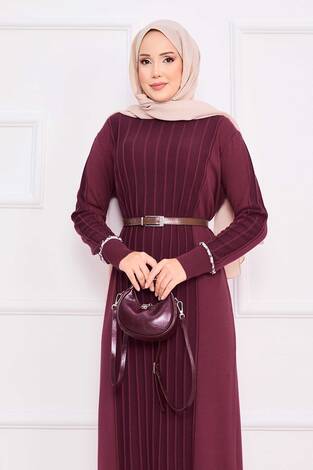Manşeti Ve Eteği Taş İşlemeli Tesettür Triko Elbise Bordo - Thumbnail
