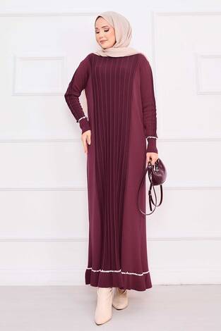 Manşeti Ve Eteği Taş İşlemeli Tesettür Triko Elbise Bordo