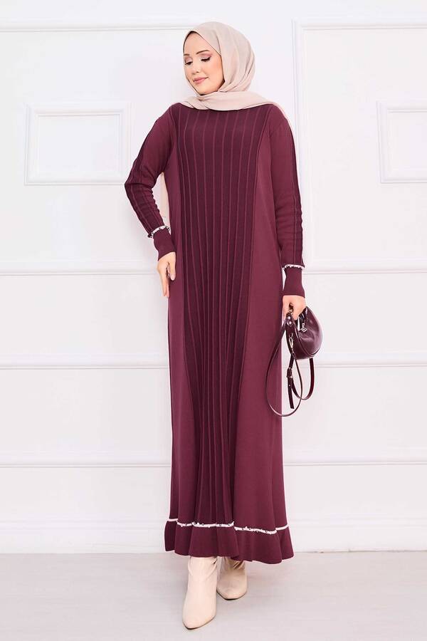 Frx - Manşeti Ve Eteği Taş İşlemeli Tesettür Triko Elbise Bordo