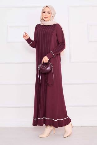 Manşeti Ve Eteği Taş İşlemeli Tesettür Triko Elbise Bordo - Thumbnail