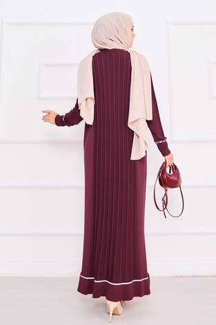 Manşeti Ve Eteği Taş İşlemeli Tesettür Triko Elbise Bordo - Thumbnail