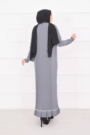 Manşeti Ve Eteği Taş İşlemeli Tesettür Triko Elbise Gri - Thumbnail