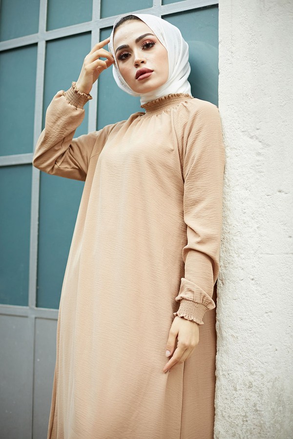 MDI Büzgülü Ferace Elbise 1004-1 Camel