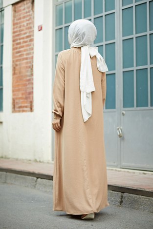 MDI Büzgülü Ferace Elbise 1004-1 Camel - Thumbnail
