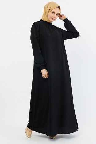 MDI Büzgülü Ferace Elbise 1004-1 siyah - Thumbnail