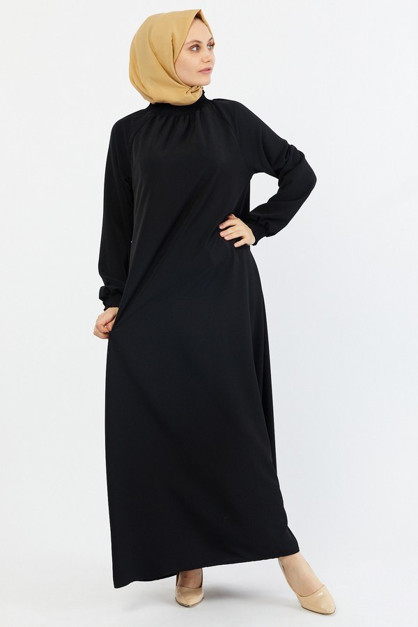 MDI Büzgülü Ferace Elbise 1004-1 siyah