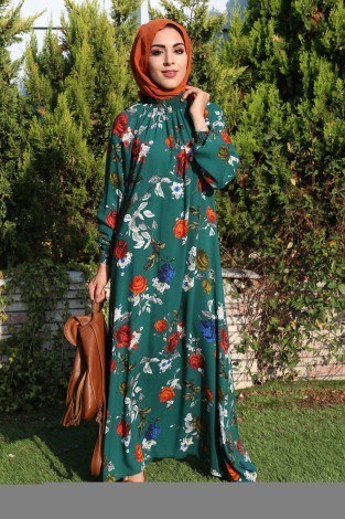 MDI Büzgülü Ferace Elbise 1004-129 - Thumbnail