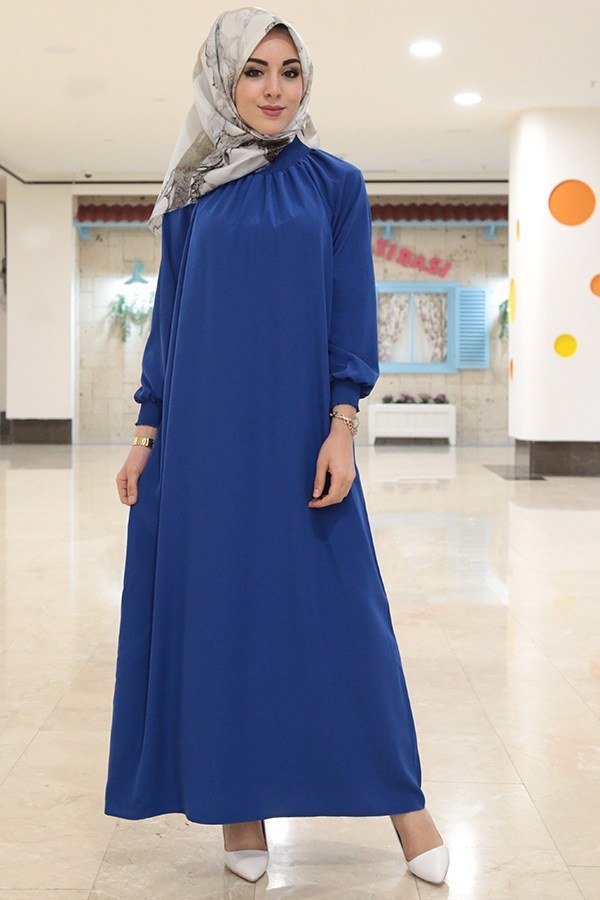MDI Büzgülü Ferace Elbise Sax Mavi 1004-15