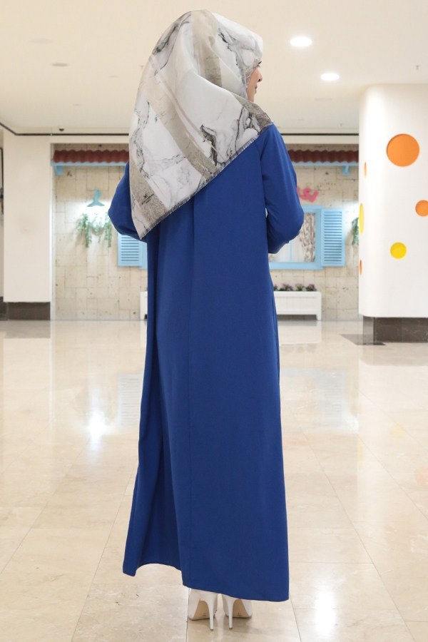 MDI Büzgülü Ferace Elbise Sax Mavi 1004-15