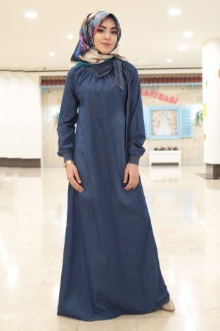 MDI Büzgülü Kot Ferace Elbise 1004-83 K.mavi - Thumbnail