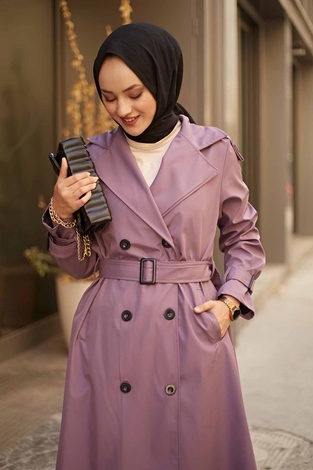 MDI Düğmeli Soft Trenç 1823-7 Lila - Thumbnail