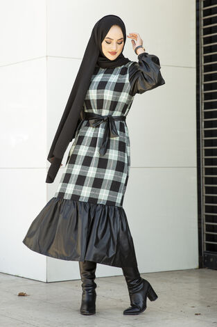MDI Ekoseli Deri Detaylı Elbise 10065-2 Mint - Thumbnail