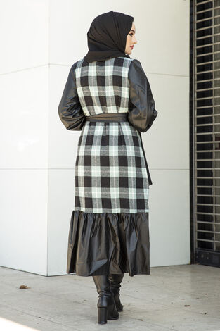 MDI Ekoseli Deri Detaylı Elbise 10065-2 Mint - Thumbnail
