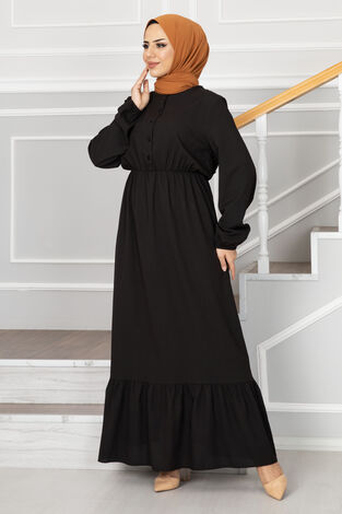 Eteği Fırfırlı Tesettür Elbise 1278-1 Siyah - Thumbnail