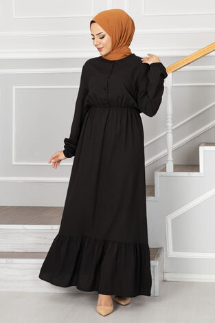Eteği Fırfırlı Tesettür Elbise 1278-1 Siyah - Thumbnail