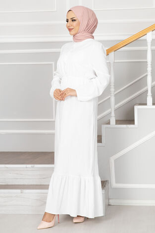 Eteği Fırfırlı Elbise 1278-10 Beyaz - Thumbnail
