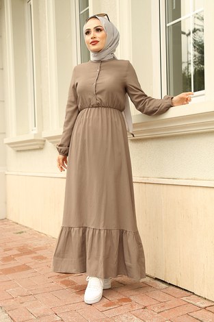 Eteği Fırfırlı Elbise 1278-2 Bej - Thumbnail