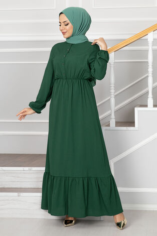 MDI Eteği Fırfırlı Elbise 1278-8 Zümrüt Yeşili - Thumbnail