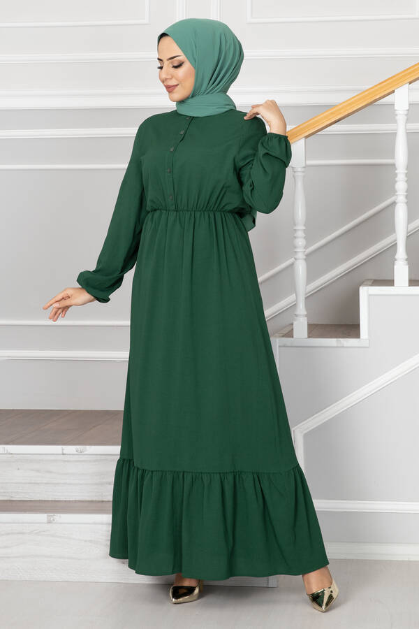 MDI Eteği Fırfırlı Elbise 1278-8 Zümrüt Yeşili