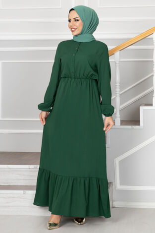 MDI Eteği Fırfırlı Elbise 1278-8 Zümrüt Yeşili - Thumbnail